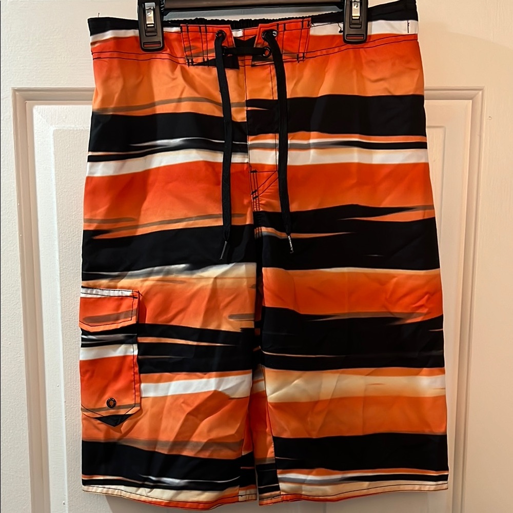 Hang Ten Orange and Black Swim Trunks with Bold Stripes